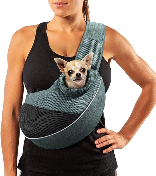 Dog Cat Sling Carrier, Adjustable Padded Shoulder Strap, with Zipper Pocket for Outdoor Travel (Black-Mesh, M - up to 10 Lbs)