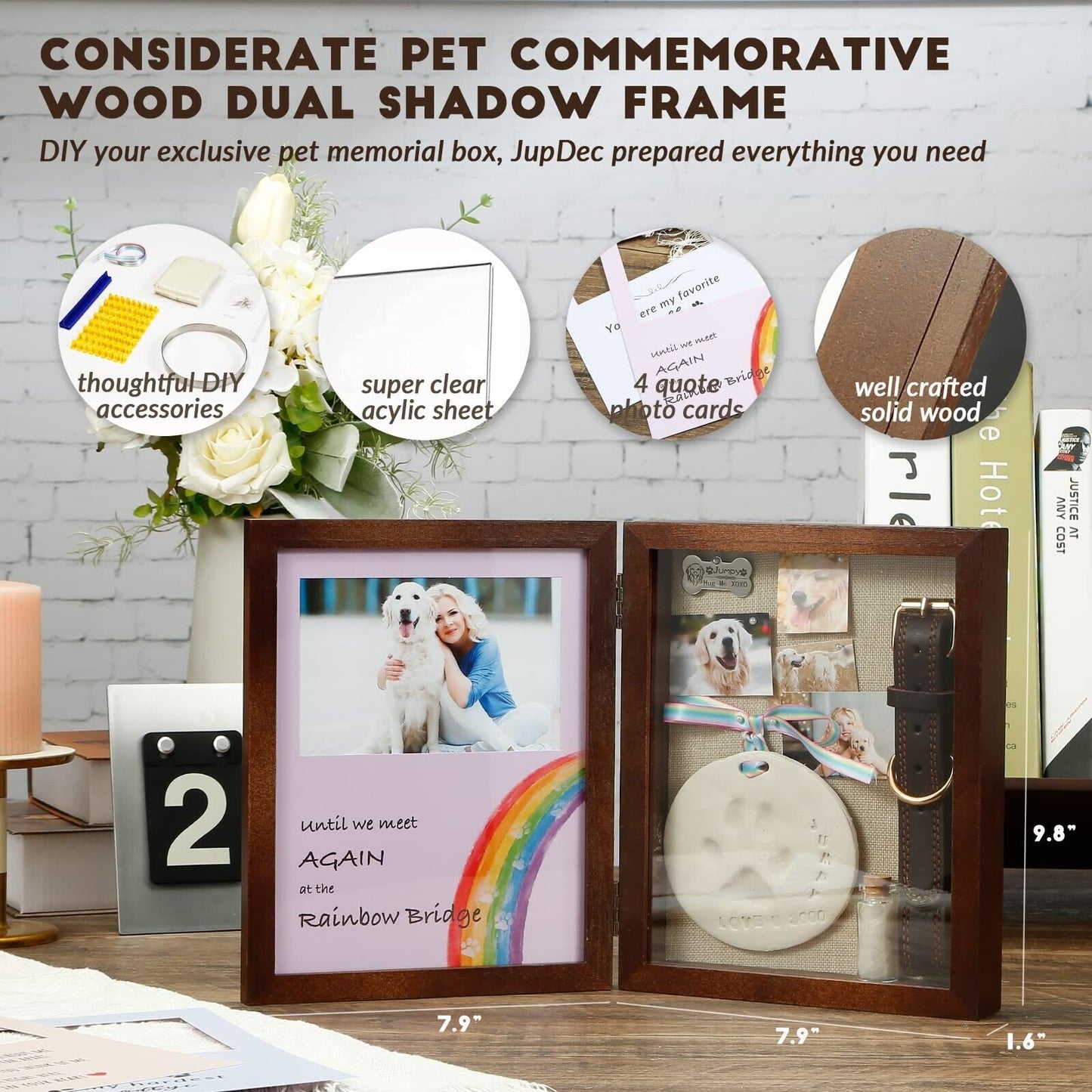 Jupdec Dog Memorial Gifts Pet Shadow Box Wooden Picture Frame with Clay Paw P...