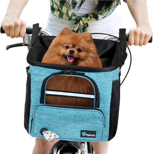 Dog Bike Basket, Soft-Sided Ventilated Dog Bike Carrier Backpack, Dog Pet Bicycle Basket for Bike Handlebar, Small Medium Puppy Cat Kitten Car Booster Seat with Safety Strap (Teal Blue)