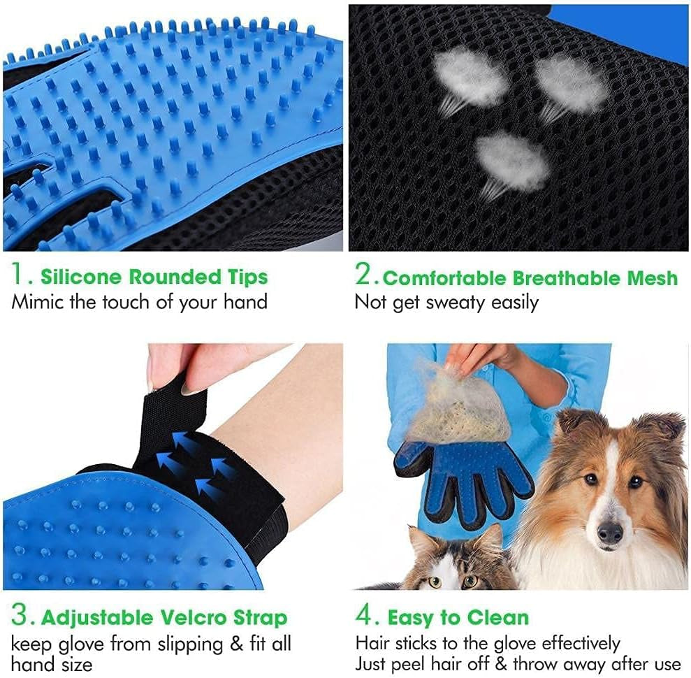 Pet Grooming Gloves - Ultimate Brushing Tools for Cats & Dogs - Better for Hair Removal & Deshedding than Brushes - the Original Five Finger Glove for Short & Long Fur (1 Pair, Blue)