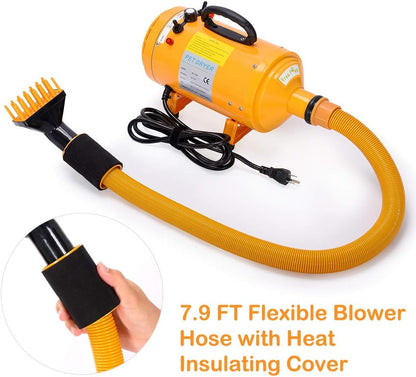 Pet Dryer Dog Hair Dryer 4.0HP Stepless Adjustable Speed and Temperature, Professional Pet Hair Force Dryer Dog Grooming Blower with Heater, Spring Hose, and 5 Different Nozzles