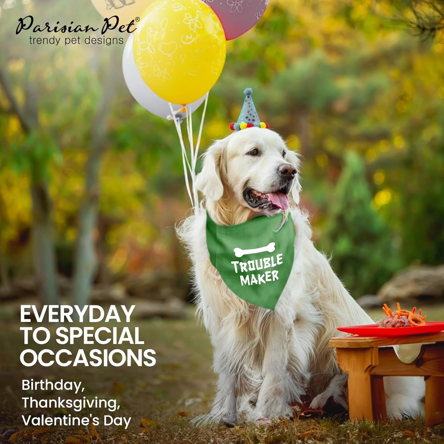 Unisex Dog Bandanas Funny with Printed 'Trouble Maker' Word - Tie-On Adjustable Polyester Dog Scarf for Small Dogs - Washable Triangle Dog Bib - Green Handkerchief for Pets - S