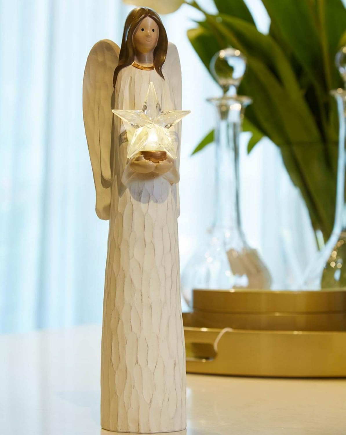 Christmas Angels Figurines Holding LED Light Crystal Star, Light up Angel Statues and Figurines for Christmas Table Decor, Holiday, Polyresin 13.7 Inch