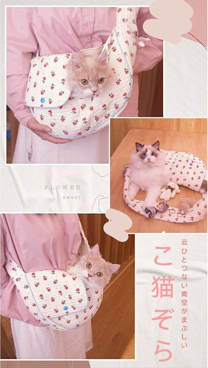 Pet Dog Cat Sling Carrier for Small Medium Dogs Cats Cute Flower Pattern Breathable Cotton Puppy Travel Bag Backpack with Pocket Pet Tote for Outdoor Travel Car Bag White