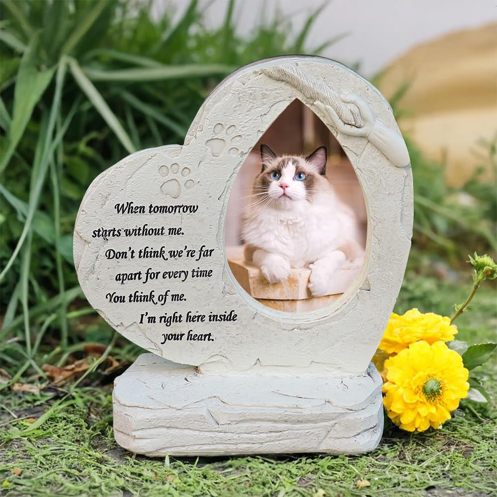 Heart Shaped Pet Dog Memorial Stones with Photo Frame, Pet Dog Garden Stones Grave Markers Headstones Sympaty Memorial Gifts Loss Gifts Outdoor or Indoor