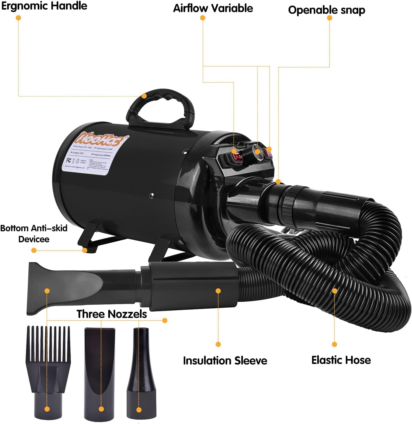 Dog Dryer, High Velocity Dog Hair Dryer, Dog Blow Dryer - Groomer Partner Pet Blower Grooming Force Dryer with Heater, Stepless Adjustable Speed, 4 Different Nozzles, Comb & Pet Grooming Glove (Black)