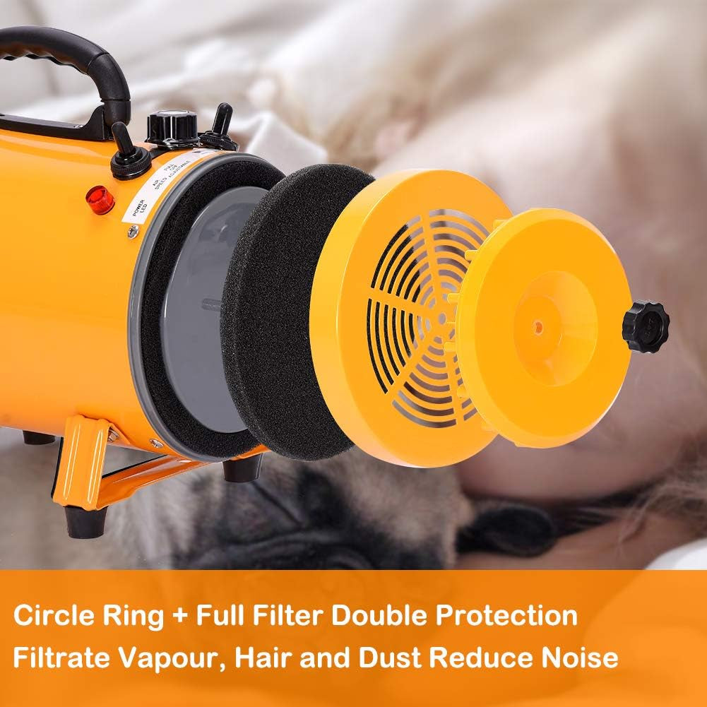 Pet Dryer Dog Hair Dryer 4.0HP Stepless Adjustable Speed and Temperature, Professional Pet Hair Force Dryer Dog Grooming Blower with Heater, Spring Hose, and 5 Different Nozzles
