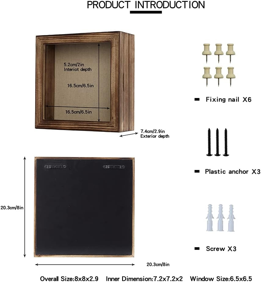 Shadow Box Frame 8X8 Shadow Boxes Display Case with Linen Back Memorabilia Awards Medals Bouquet Photos Picture Badge Wedding Memory Box for Keepsakes Carbonized Small Pin Board