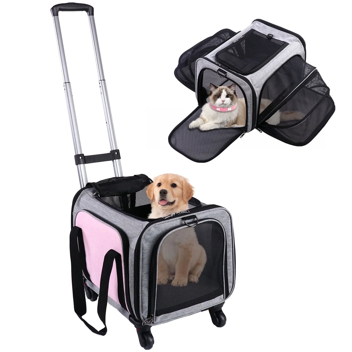 Rolling Pet Carrier with Wheels, Foldable Airline Approved Dog Carriers for Small Dogs and Cats, Cat Carrier on Wheels, Pet Travel Carrier for Flight Camping Outdoor