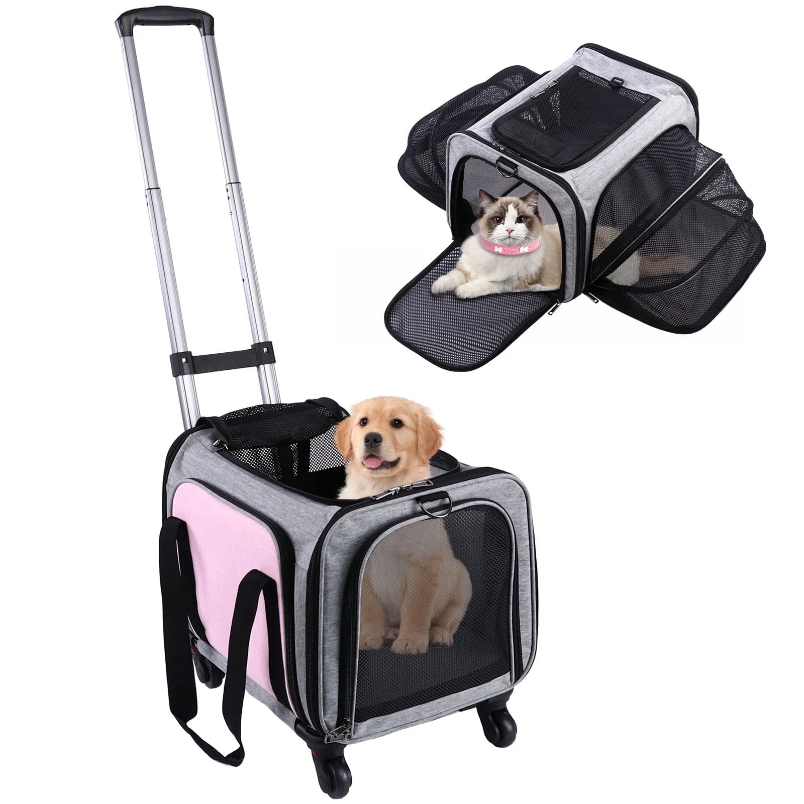 Rolling Pet Carrier with Wheels, Foldable Airline Approved Dog Carriers for Small Dogs and Cats, Cat Carrier on Wheels, Pet Travel Carrier for Flight Camping Outdoor
