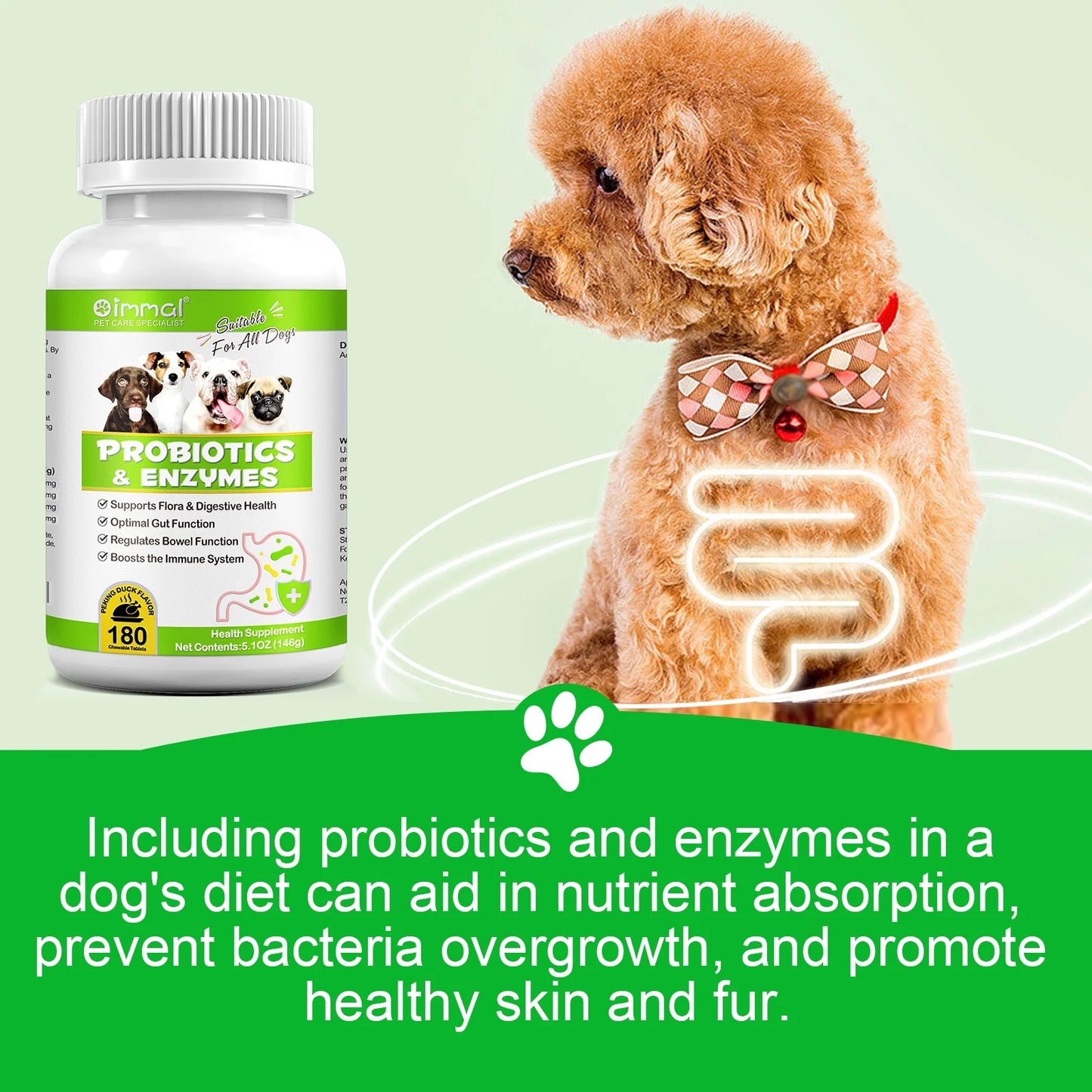 Probiotics with Enzymes Chewable Tablets for Dogs, 180P*2 Peking Duck Flavor - Supports Flora & Digestive Health | Relief from Constipation, Allergies - Digestive and Immune Support