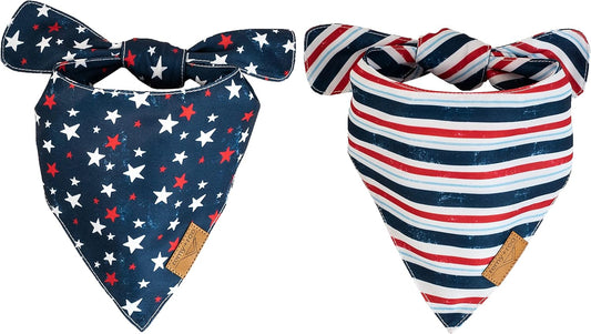 Dog Bandanas - 2 Pack | Stars+Stripes Set | Premium Durable Fabric | Unique Shape | Adjustable Fit | Multiple Sizes Offered (XL)