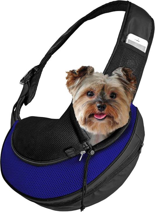 Expandable Pet Carrier Sling Bag - Small Dog, Puppy and Cat Carrier Front Shoulder Backpack W/Harness Strap - Carrying Pouch for ESA, Animal Travel - PU Leather Bottom, Mesh Pocket by  (Blue)