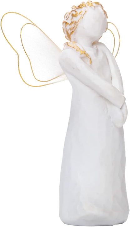 Small Standing Angel Resin Figurine Shying Angel Hand-Painted Figure Sculpted Wings Angel Statue, 5.1”H