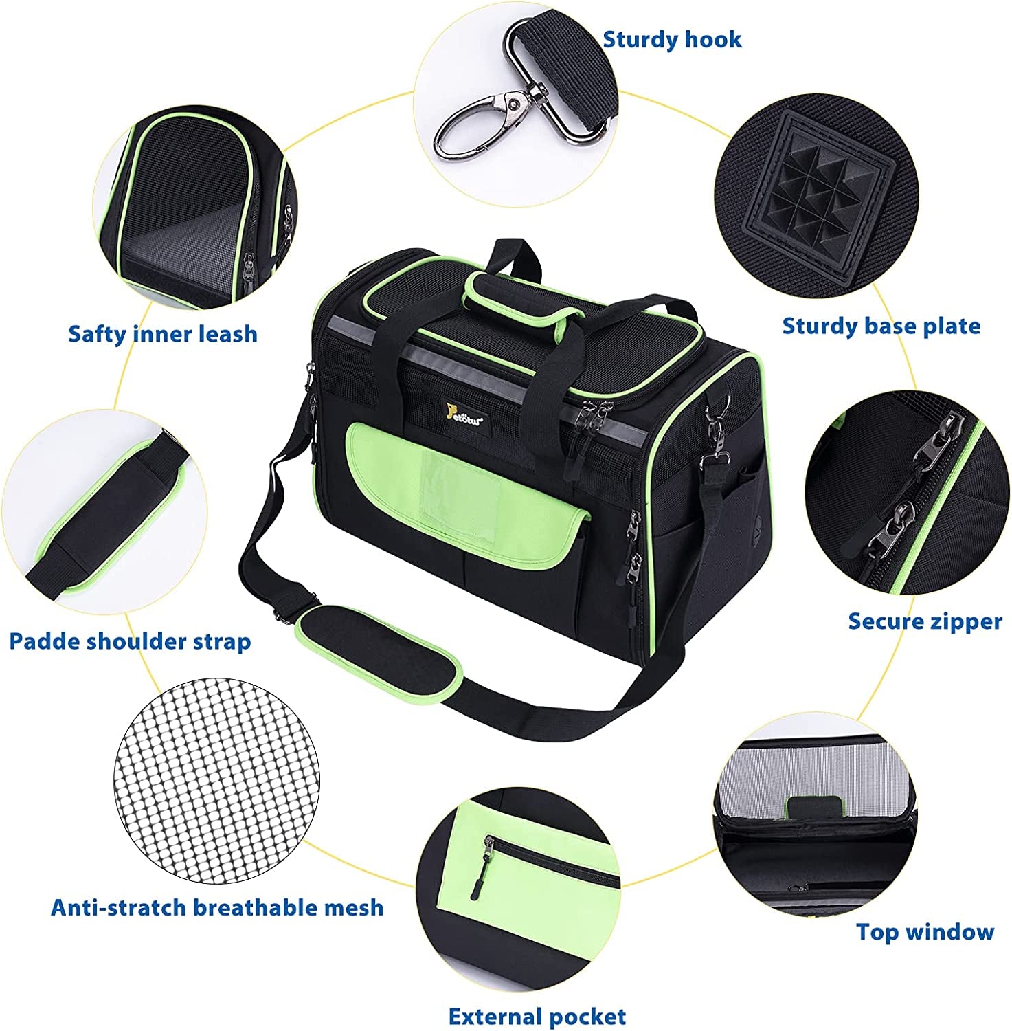 Pet Carrier for Small Dogs, Dog Carrier, Cat Kennel, Airline Approved Dog Cat Pet Travel Carrier, Soft- Sided Pet Travel Carrier for Cats Dogs, Portable Foldable Pet Bag Green and Black