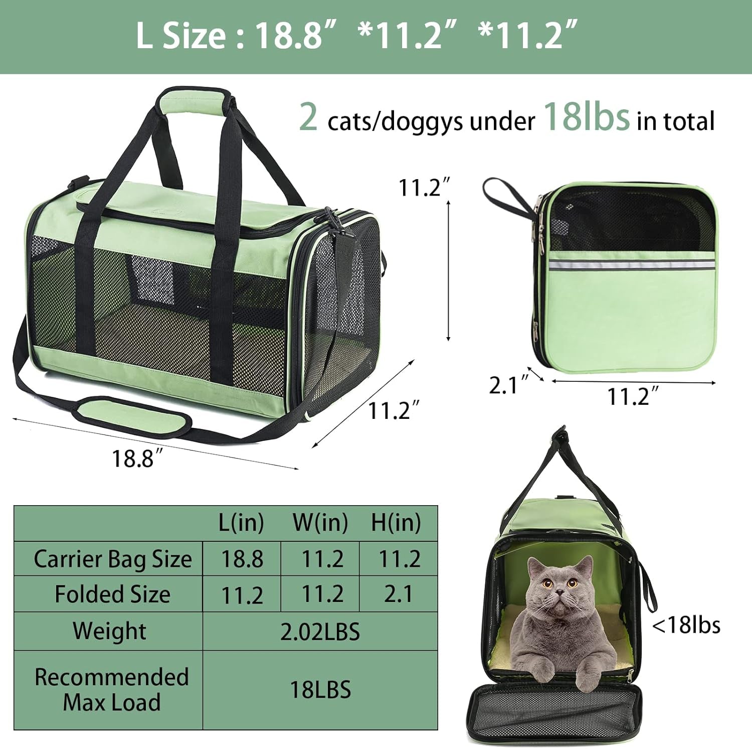 Large Cat Carrier for 2 Cats - Soft Portable Pet Carrier Bag - Large Dog Carrier Collapsible, Top Loading Cat Transport Carrier, Dog Flight Carrier Airline Approved