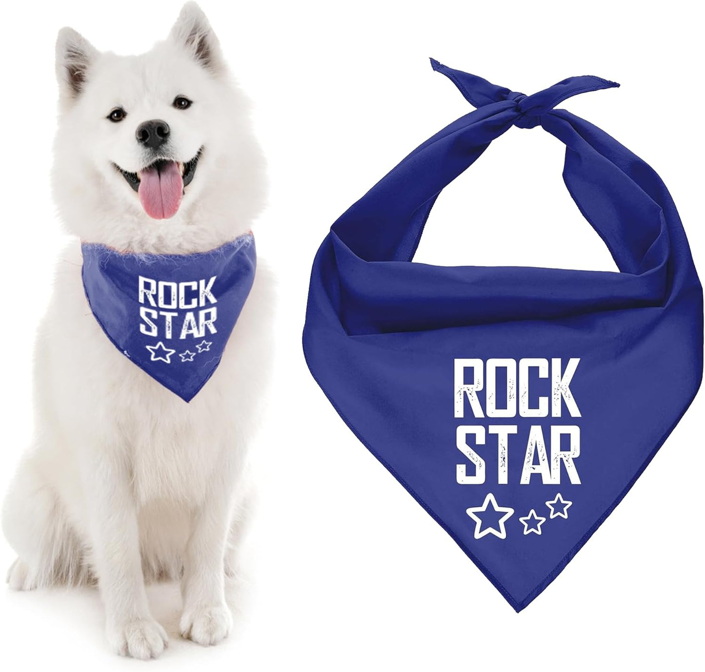 Unisex Dog Bandanas with Printed 'Rock Star ' - Fashionable Tie-On Adjustable, Polyester Dog Scarf for Large Dogs - Washable Triangle Female Dog Bib - Blue Handkerchief for Pets