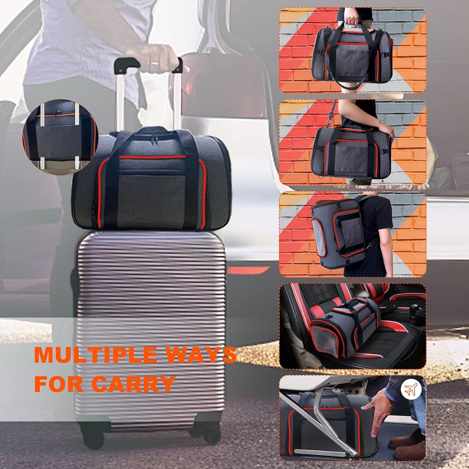 Pet Carrier TSA Approved, Cat Carrier Airline Approved Foldable Bag, Soft Travel Carrier for Dog Puppy with 3-Sides Expandable, Removable Fleece Pad, Foldable Bowl