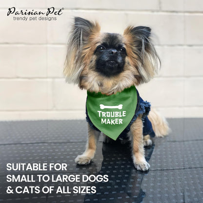 Unisex Dog Bandanas Funny with Printed 'Trouble Maker' Word - Tie-On Adjustable Polyester Dog Scarf for Small Dogs - Washable Triangle Dog Bib - Green Handkerchief for Pets - S